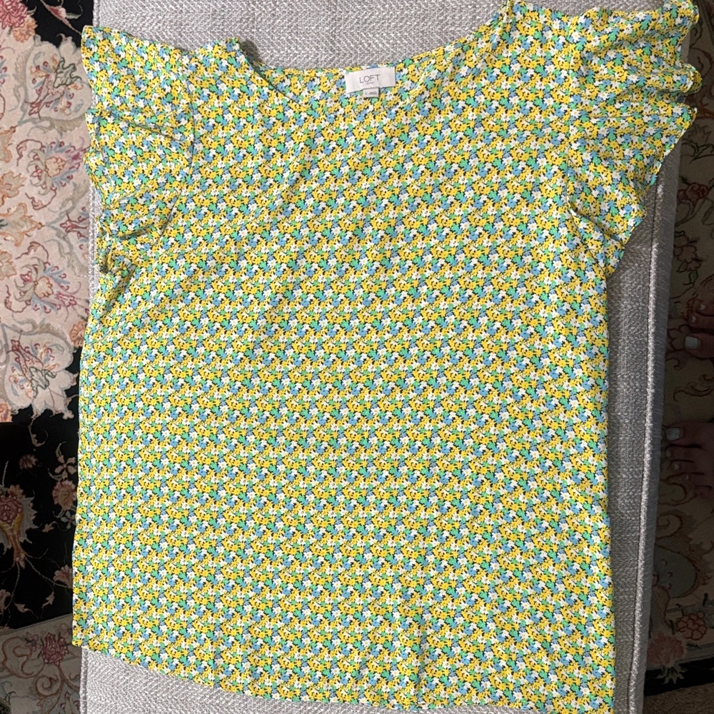 LOFT Yellow and Blue Patterned Ruffle Top